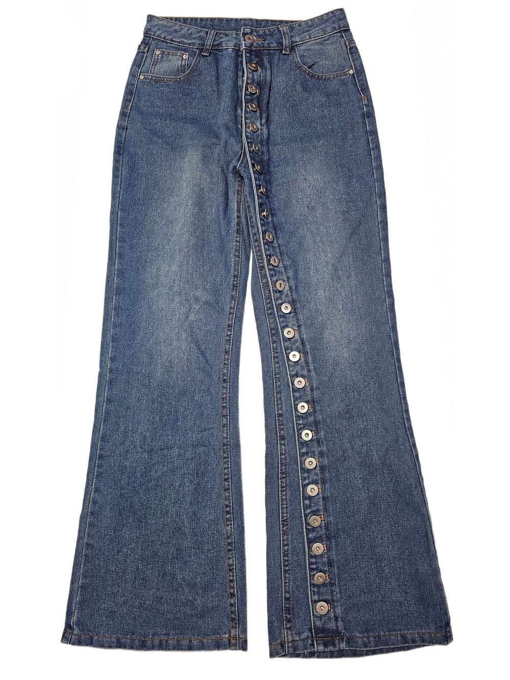 Dark Blue High Rise Boho Button-Front Flare Jeans With Button Details - Picture 7 of 15